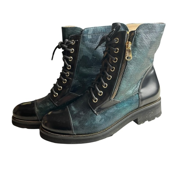 Ron White Tiffany Weatherproof Camo Combat Boots Green Black Calfskin Size 40 - Picture 4 of 10